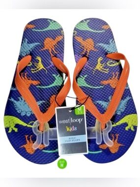 West Loop Kids Boys' Girl’s Purple Dinosaur Flip Flops with Orange Straps M 2-3